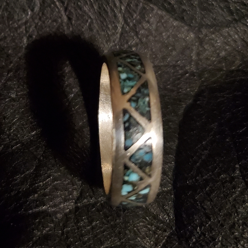 Mens Sterling Silver Ring Turquoise Inlay Vintage Size 10